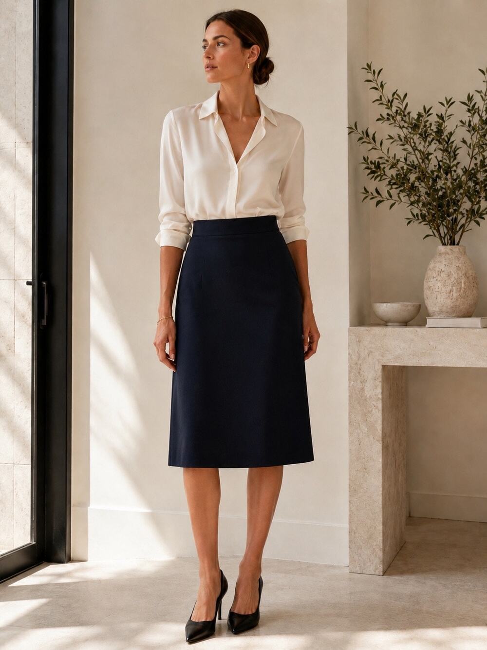 Vintage Paul Stuart Made in Italy Navy Silk Blend A-Line Midi Skirt Quiet Luxury